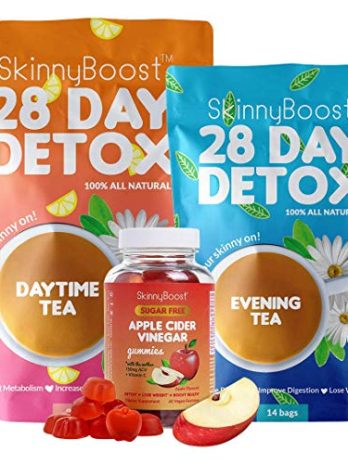 Skinny  Boost 28  Day Detox  Tea Kit-1  Daytime Tea  (28 Bags) 1  Evening  Detox Tea  (14 Bags)  Supports  Detox &  Cleanse-Non  GMO, Vegan,  All Natural